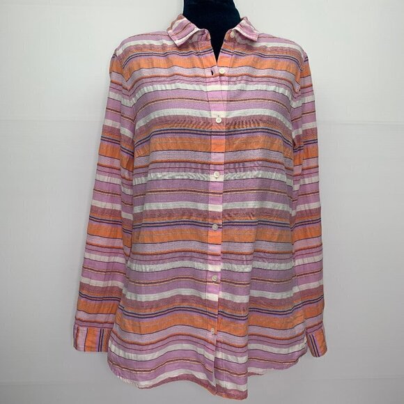 J McLaughlin Medium Striped Button Down Shirt Pink Coral Cotton - Picture 1 of 9